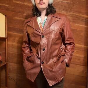 VINTAGE 70s Oxblood Sears Leather Coat Size 46 R 3 Button Leather Shop Mod